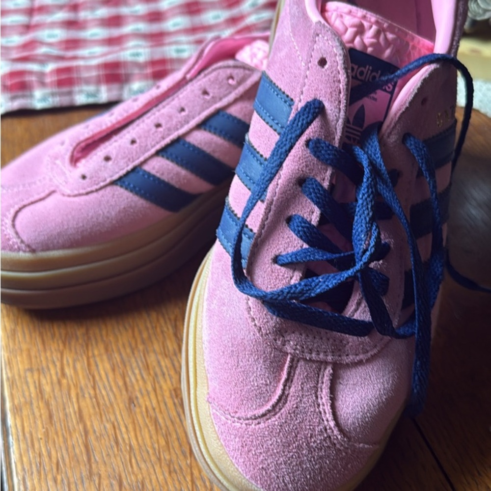 adidas Pink Suede Platform Sneakers with Navy Stripes and Laces